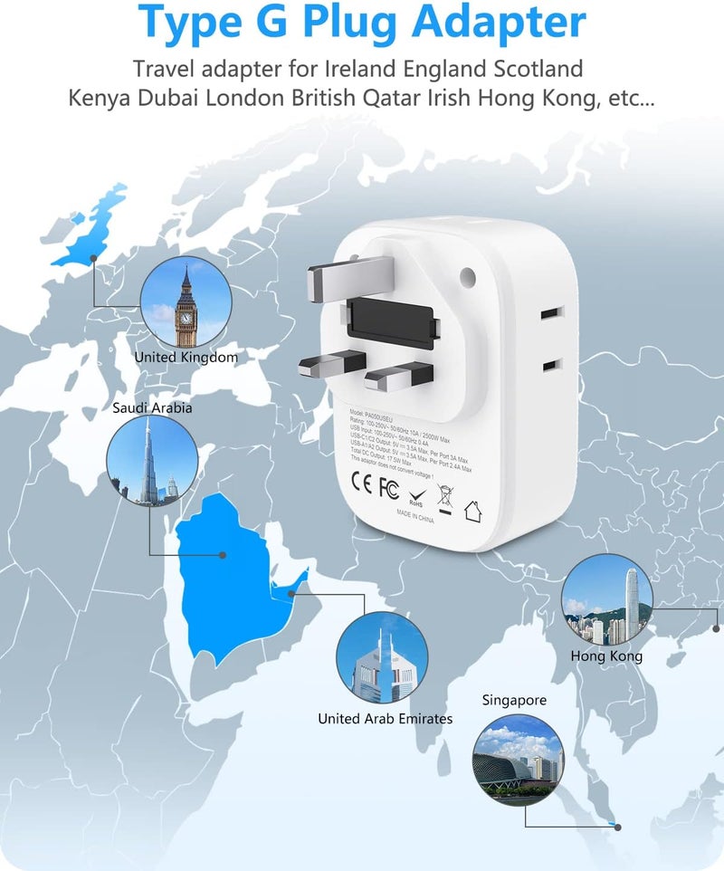 Lencent US to UK Ireland Travel Plug Adapter,Grounded Type G Adapter for Travel with 4 Outlets 4 USB Ports (2 USB C), Power Plug for USA to Dubai Scotland British London England Hong Kong Irish Qatar - Image 2